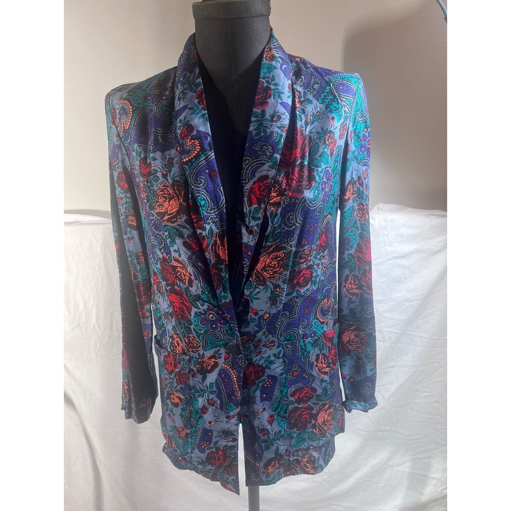 Vintage Tracy Evans LTD Paisley Floral Blazer Jacket Womens Medium Red Teal Rose